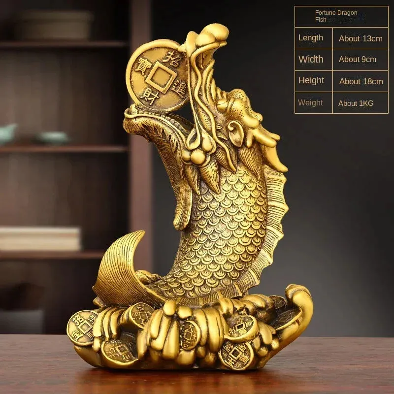 18cm Feng Shui Brass Copper Inviting Wealth Brass Dragon Fish Sculptures