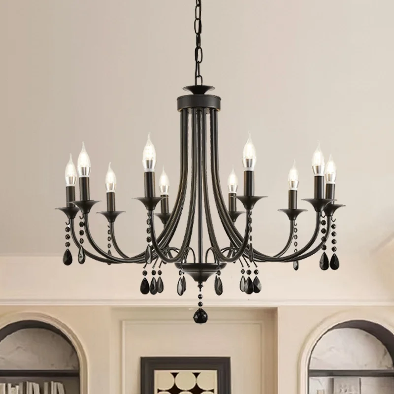 American Black Metal E14 Led Chandelier Living Room Crystal Hanging Lamp Art Decor Home Lighting Led
