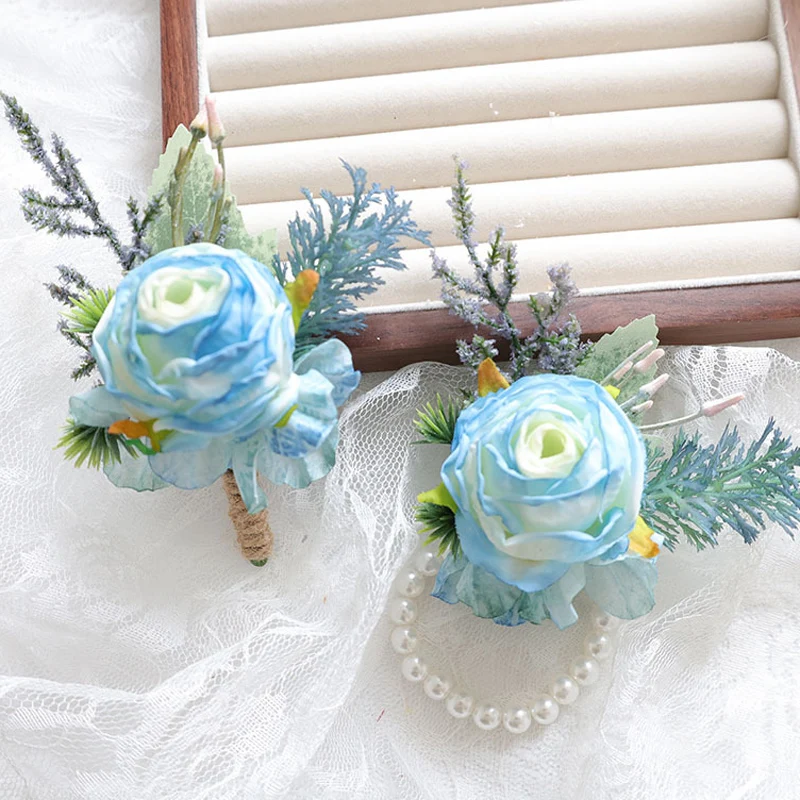 

Blue and white Bohemian Rose Flower Corsage & Wristlet Set - Perfect for Brides, Groomsmen, and Wedding Decorations 25044