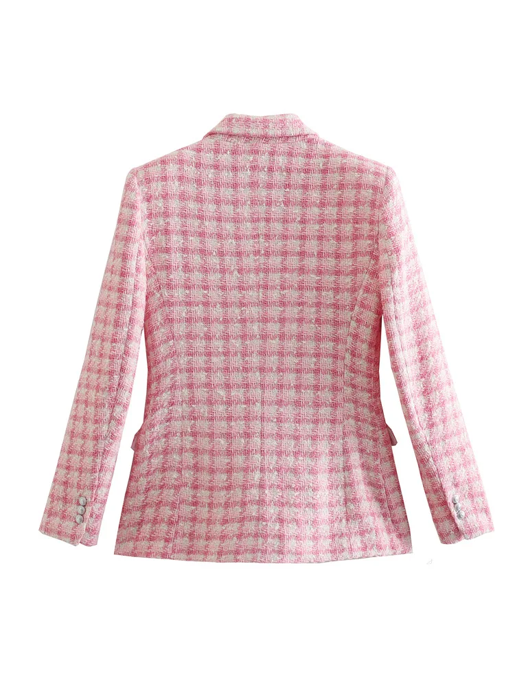 Pink Check Tweed Blazer for Women, Retro Button, Long Sleeve, Pocket, Elegant Jacket, Fashion Top, Designer, 2024