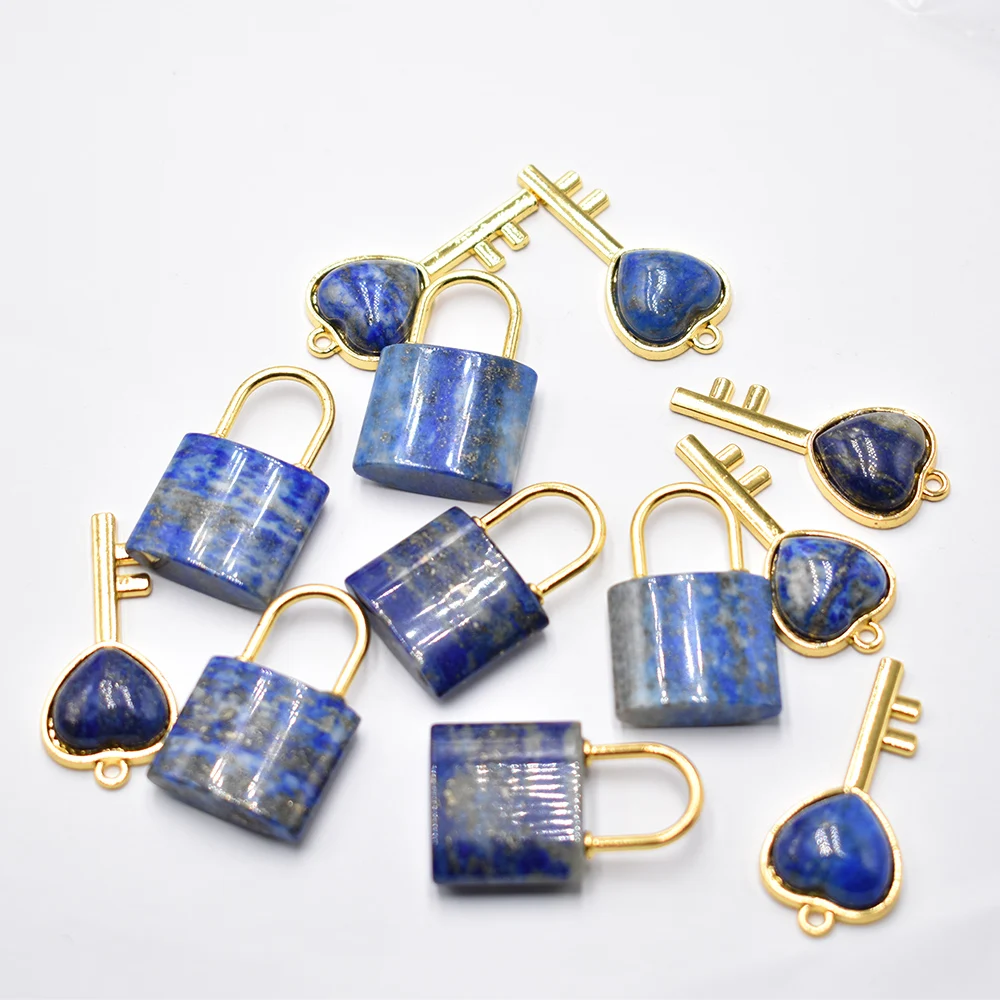 Wholesale 6pcs/lot Natural Stone rose quartz lapis lazuli Couple Lock Necklace Pendant Set Heart Shaped Key Piece Free Shipping