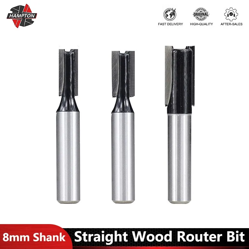 

8MM Shank Double Flute Straight Bit 6-16mm Cleaning Bottom Router Bit for Tungsten Carbide Woodworking Tool Flush Trim Cutter