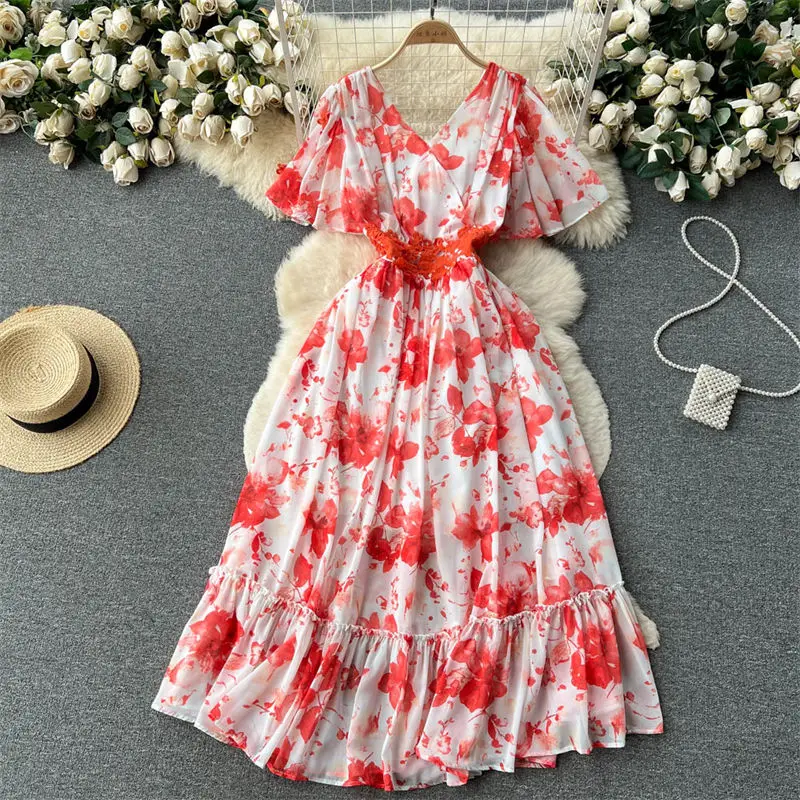 

Seaside Vacation Style Dress French High-End Printed Chiffon Temperament Women Summer Ruffle Slim Flare Sleeve Long Dress Z1394