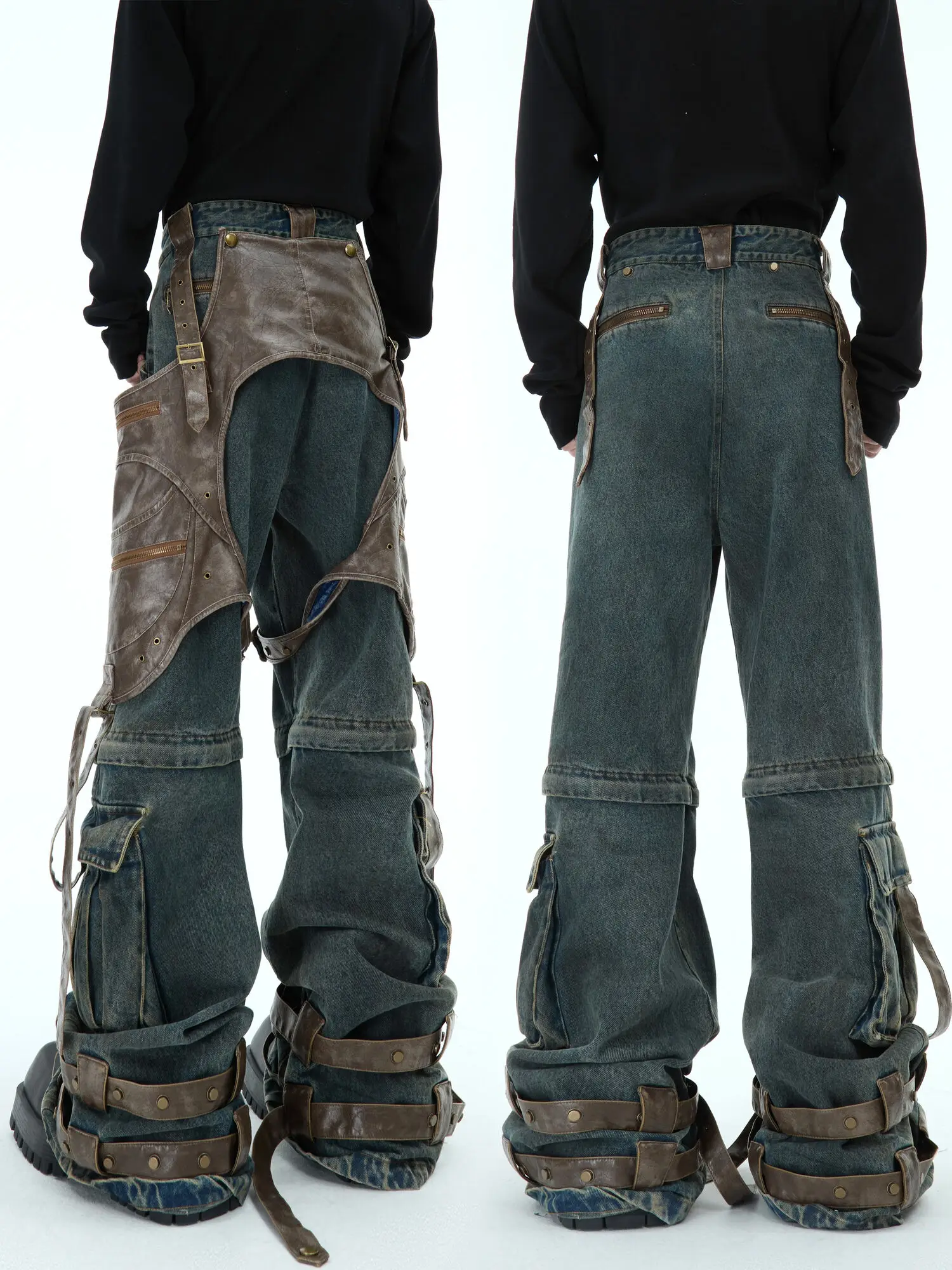 FEWQ Deconstruction Men's Jeans Detachable Splicing Design Casual Pants 2025 patchwork Pu leather wide leg trousers