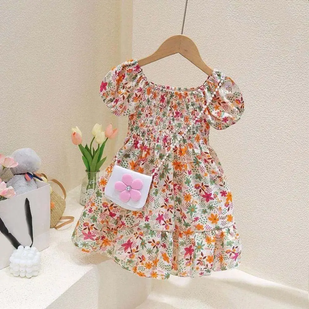 فستان بناتي بأكمام منتفخة حلوة مزين بالورود ورقبة مربعة فساتين صيفية للأطفال بطيات فضفاضة للأطفال فستان الأميرة للحفلات #3