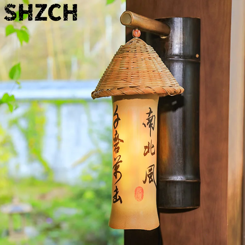 Handwritten Calligraphy Bamboo Wind Chimes Natural Handwoven Tea House Hanging Decor Vintage Corridor Ornaments with Artwork