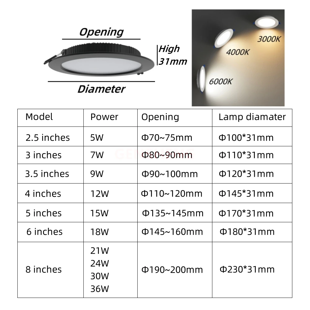 Lâmpadas de teto embutidas embutidas, Luz de painel embutida, Iluminação interior, Decoração de casa, Branco, Preto, Downlight, 5W, 12W, 18W, 24W,