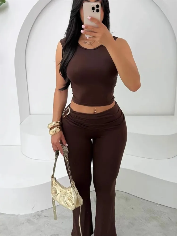 Bodycon 2 Pieces Set For Woman Slim Two Piece Outfits Pleated Long Pants Sleeveless Solid Color Simple Style All-match Commuting