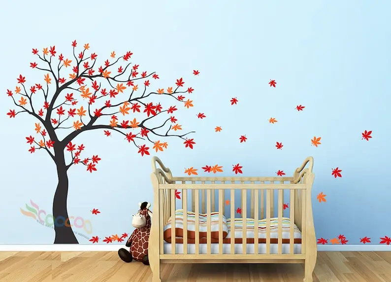 Wall Decor Decal Sticker Nursery Removable vinyl large Maple tree fallen leaves DC0119