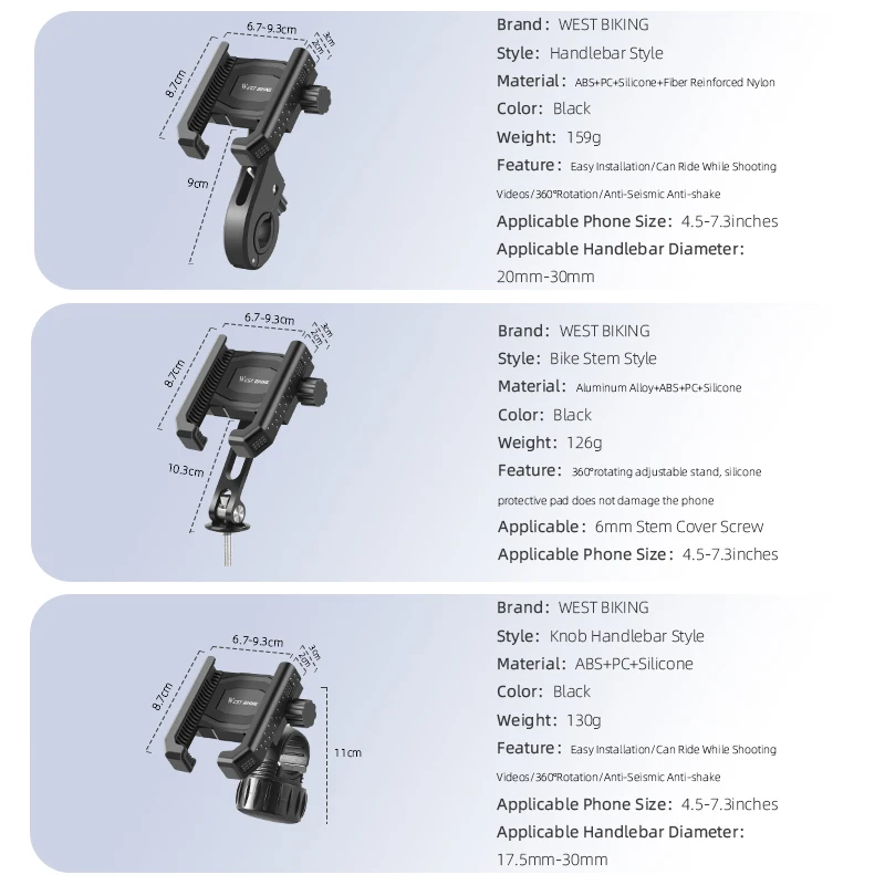 WEST BIKING Bicycle Phone Holder Aluminum Handlebar Bike Phone Mount Adjustable Non-Slip Mobile Phone Bike Bracket Accessories