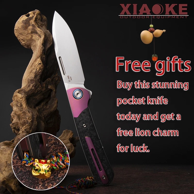 

Premium M390 Blade Pink Titanium Knife Luxury Carbon Fiber Folding Knife for Camping, Gift for Men, Collector's EDC Pocket Knife