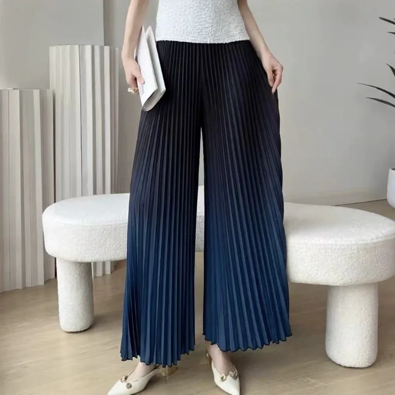 Miyake Pleated Gradient Print Pants Women 2026 Autumn New Drapey Gradient Color Wide-Leg Pleats Vertical Striped Casual Pants