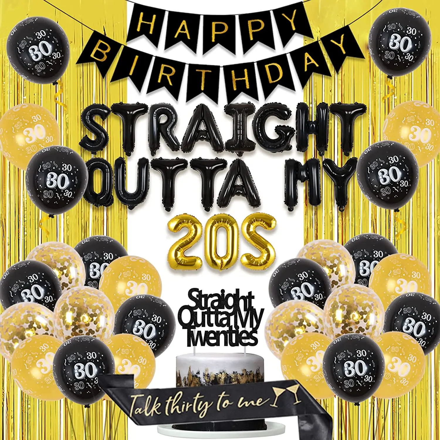 

JOYMEMO 30th Birthday Decoration Black Gold for Man Women Straight Outta My 20s Foil Balloon Cake Topper Talk 30 To Me Sash