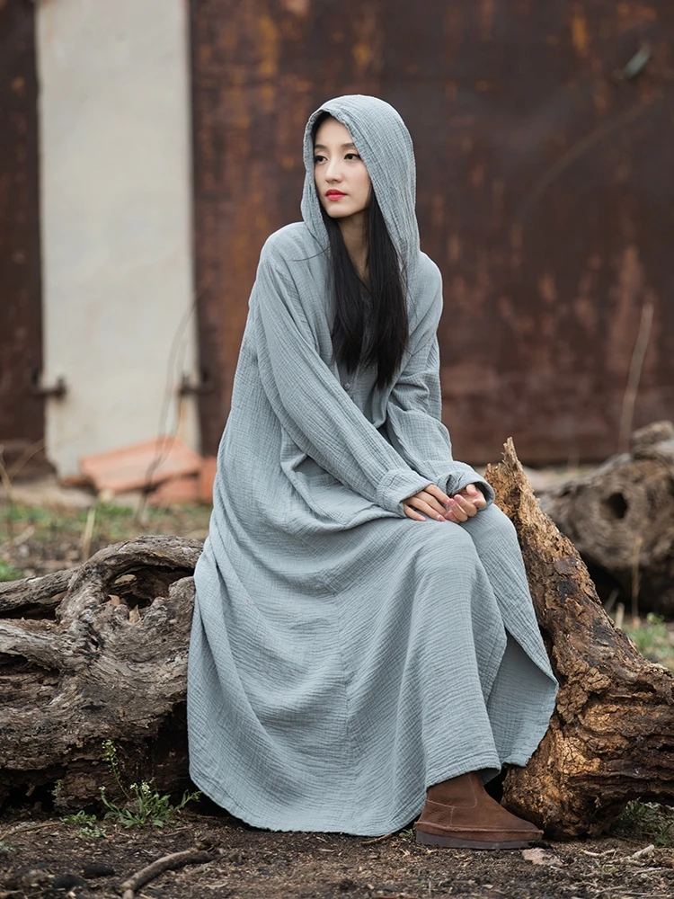 Cotton Linen Long Coat Dress with Hood Witch Style Button up Women's Fashionable Outerwear Coat with Big Hat Autumn 2023