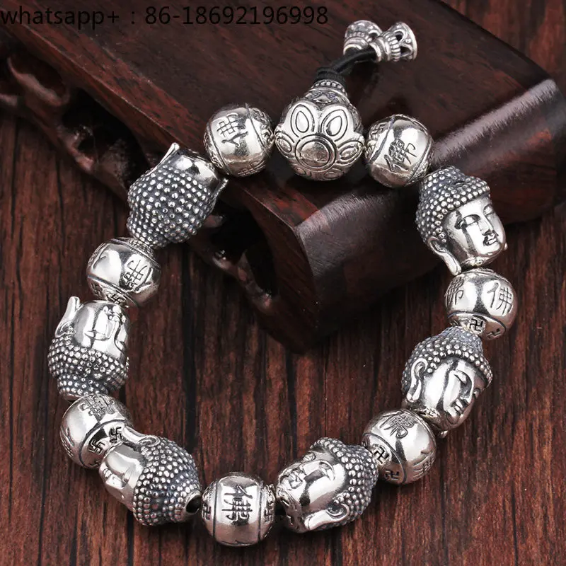 Sterling Silver Buddha Bead Bracelet Men's Sterling Silver Retro Personality Trendy Men's Round Bead Beads