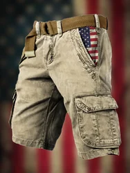 Multi Pocket Shorts, Men's Loose Full Set Straight Leg Pants, Belt Free, 2024 Summer New Cotton Elastic Workwear Shorts