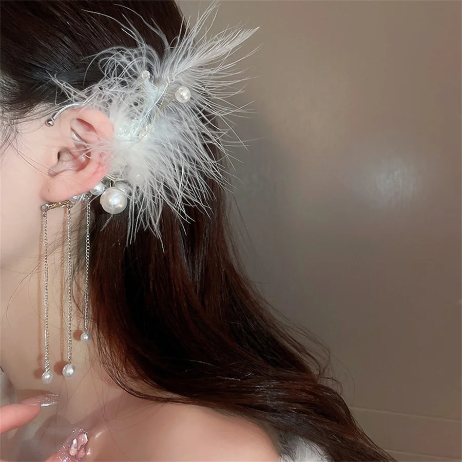 White Feather Pearl Tassel Earrings Female Non-pierced Earrings Ear Bone Clips Ear Clips Trendy Elf Earrings Aesthetic Earrings