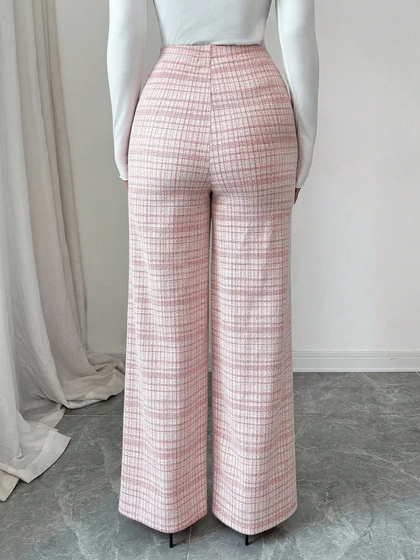 Calças de pernas largas de cintura alta de tweed elástico xadrez rosa para mulheres, roupas casuais de escritório de outono