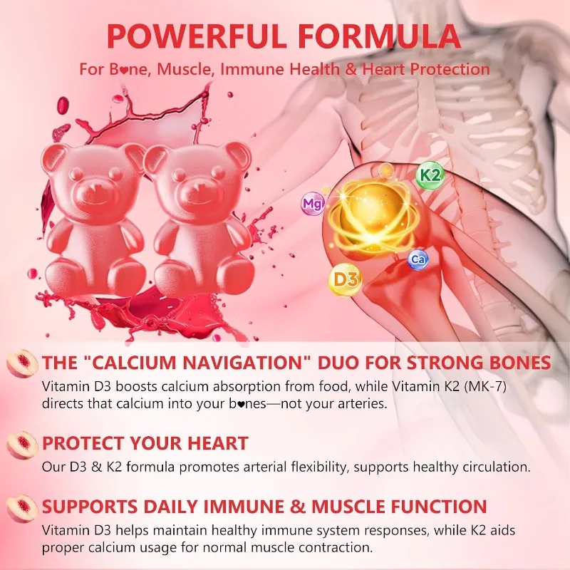 Vitamin D3 K2 Gummies 10000 IU, Containing Calcium and Magnesium for Bone, Muscle, Tooth, and Immune Health Support. 60 Gummies