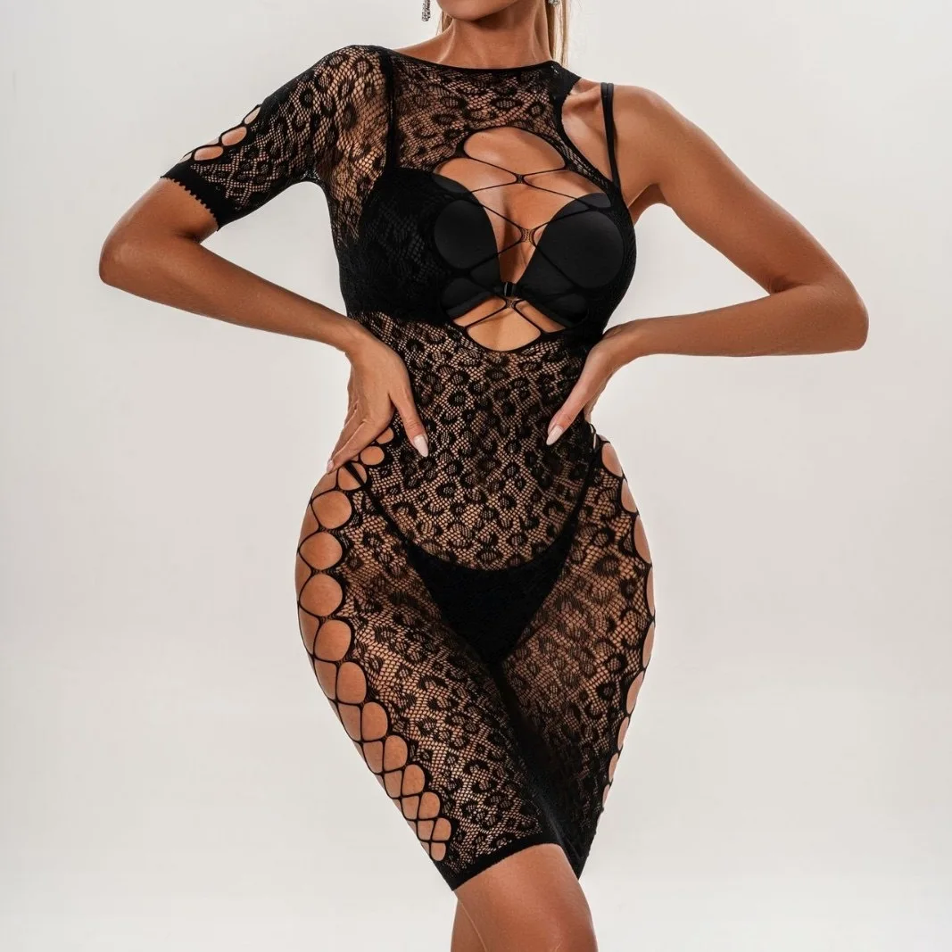 مثير واحدة الأكمام غير النظامية شبكة ليوبارد طباعة فستان من الدانتيل عارية الذراعين التفاف الورك الجولة الرقبة فستان قصير الساحرة ملهى ليلي UWPZ