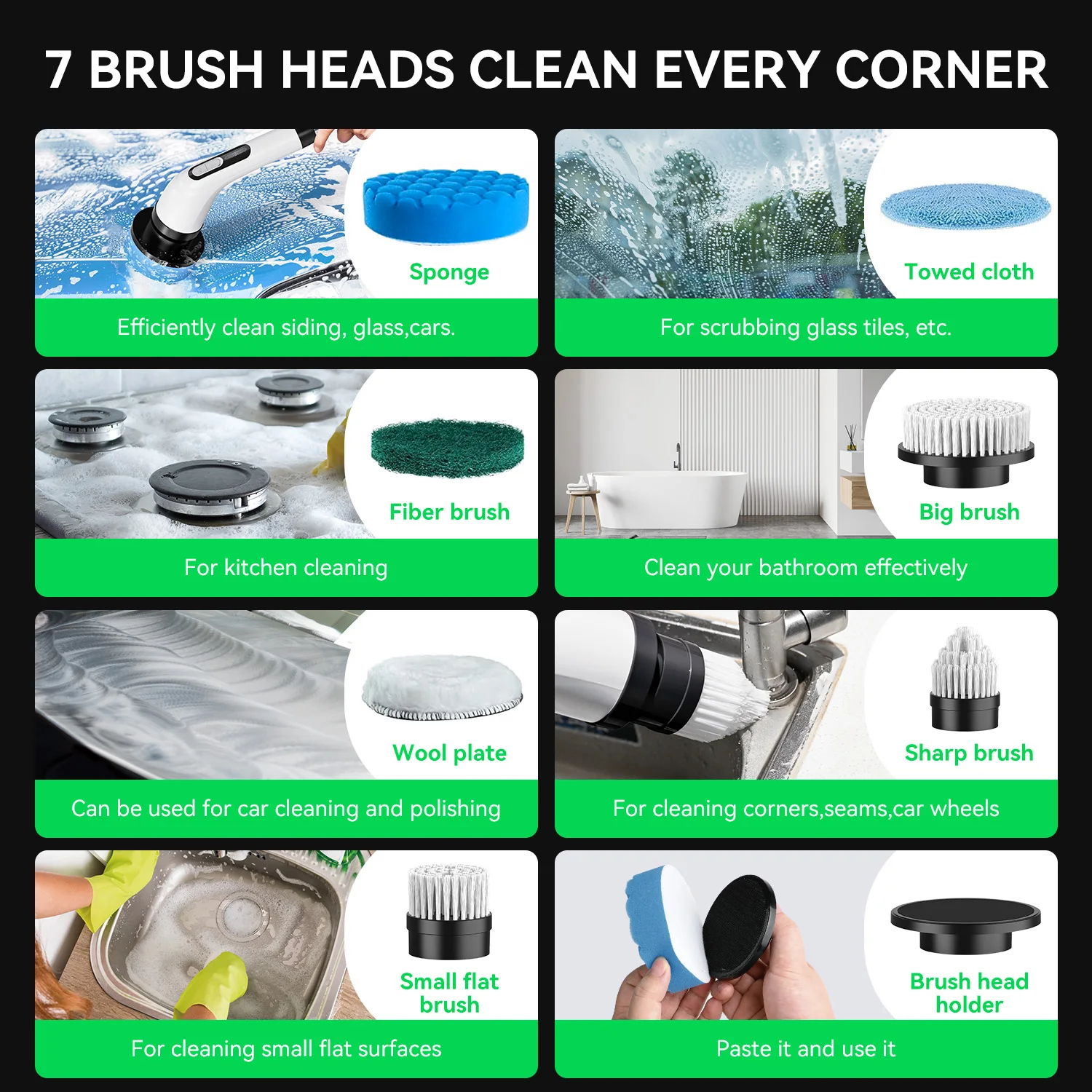 فرشاة تنظيف كهربائية للمطبخ، أداة عمل منزلية قوية، مقبض طويل قابل للفصل وقابل للتعديل مع 8 رؤوس فرشاة قابلة للاستبدال #6