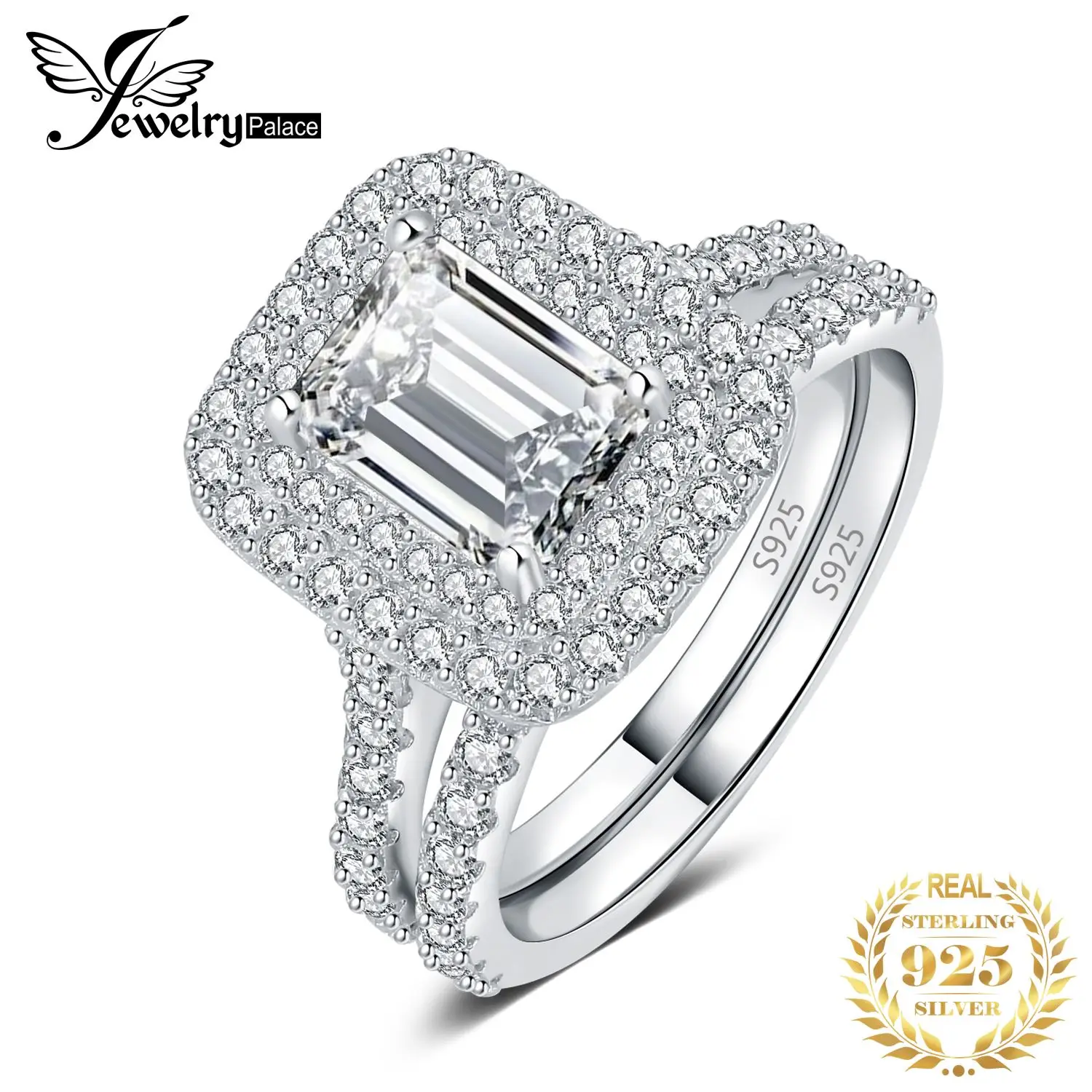 JewelryPalace 925 Sterling Silver Halo Wedding Band Engagement Ring Set for Women 2.9ct Emerald Cut AAAAA CZ Fashion Jewelry