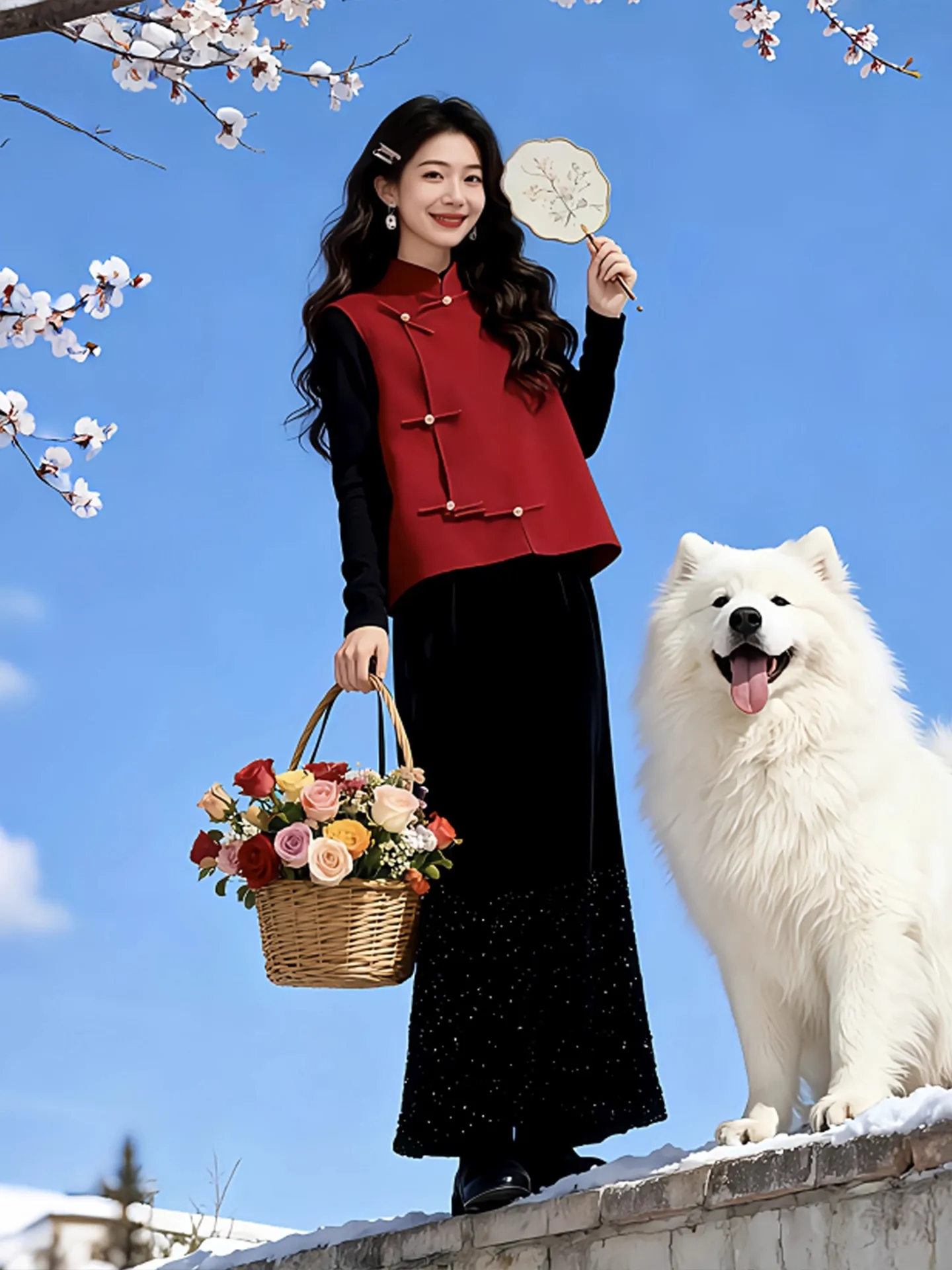 Ele Zestaw na jesień i zimę: top z wysokim stanem, modna damska warstwa bazowa, kamizelka i spódnica, uroczy styl narodowy.