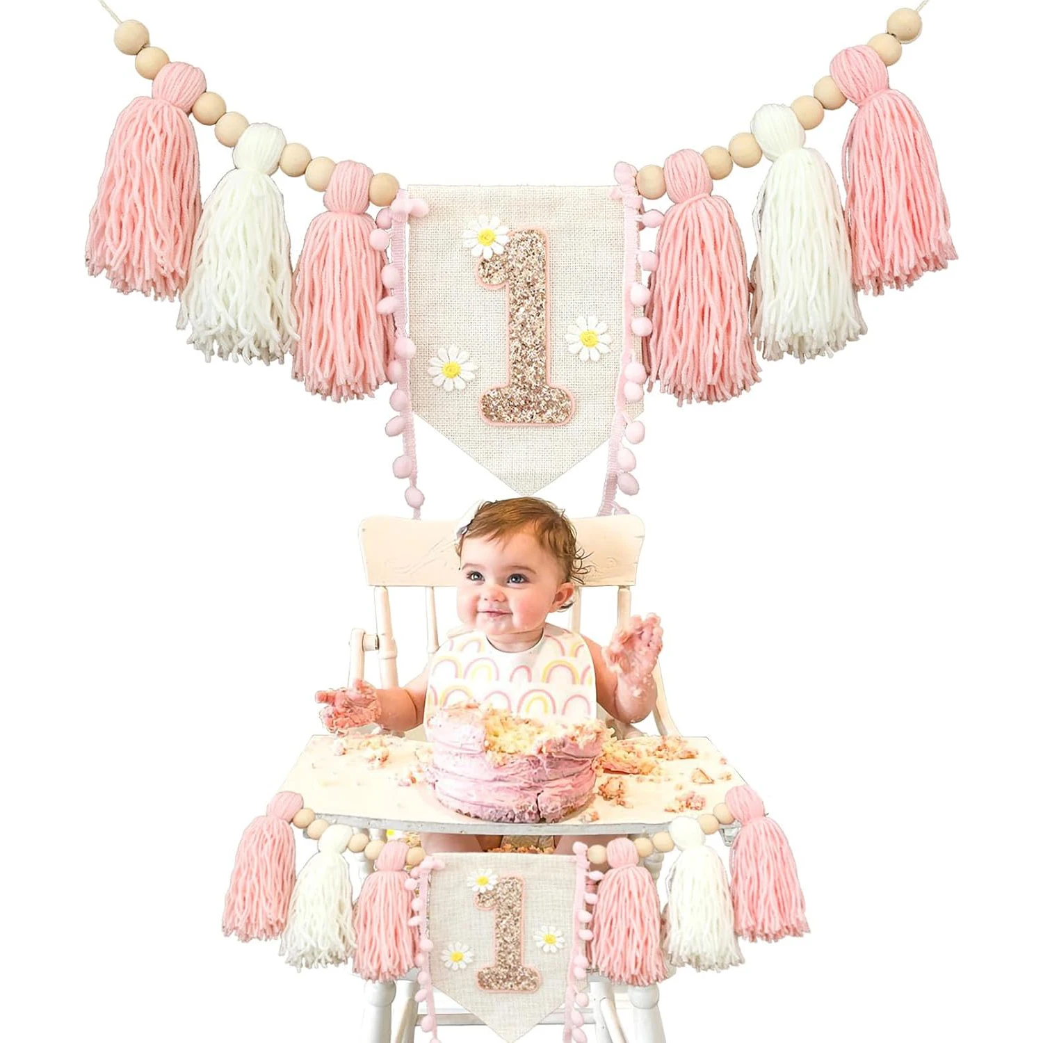1szt 1st Birthday Daisy High Chair Banner Ręcznie wykonany drewniany koralik Tassel Garland Dekoracja Pierwsze urodziny Party Fotografia Rekwizyt