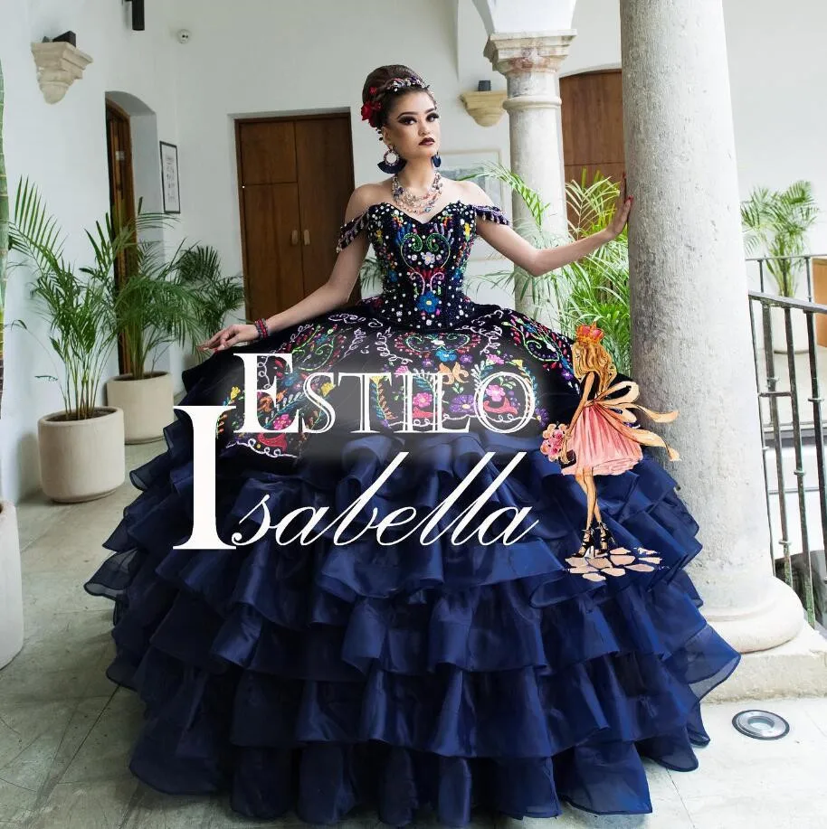 Navy Blue Mexico Enlapiel Quinceanera Dress Floral Embroidery Corset Ruffles vestidos de 15 quinceañera customsized Sweet 16