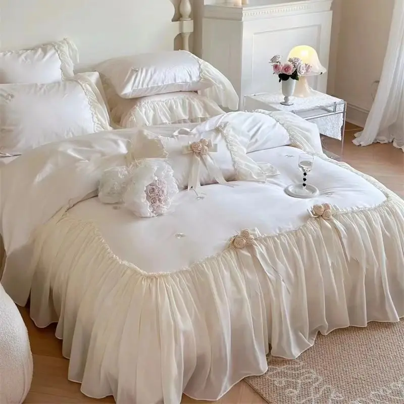Romantic Rose Lace Ruffles Princess Wedding Bedding Set 1200TC Egyptian Cotton Duvet Cover Bed Sheet Or Fitted Sheet Pillowcases