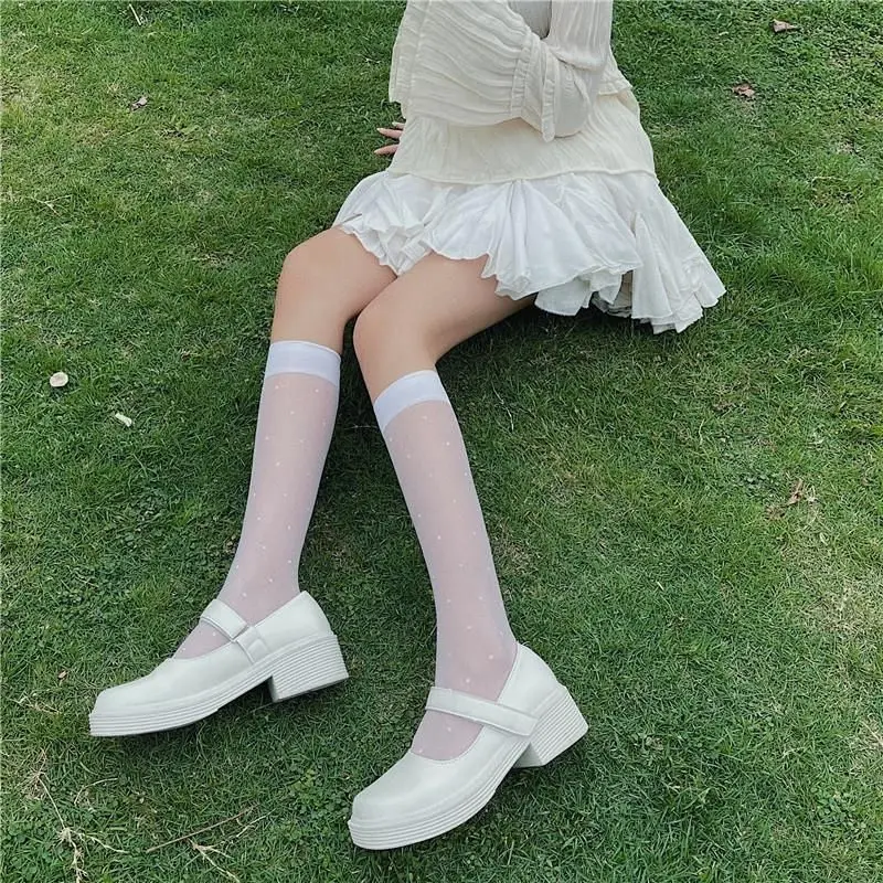

1Pair/2Pairs/3Pairs,White Polka Dot Mesh Calf Socks, All-match Thin Breathable Knee High Socks, Women's Stockings & Hosiery