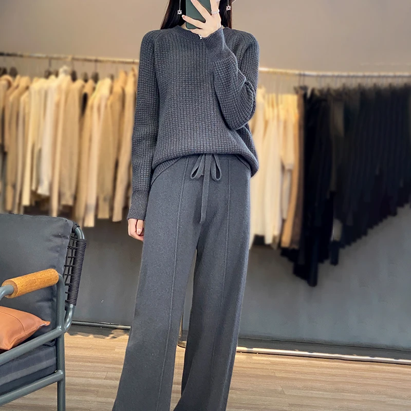 100% pure wool two-piece women\'s autumn and winter new round neck loose casual long-sleeved sweater cashmere pants suit