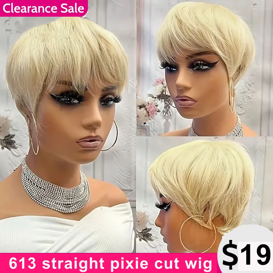 

613 Honey Blonde Short Pixie Cut Bob Wig Straight Human Hair Full Machine Made Wigs With Bangs For Women Glueless None Lace Wigs