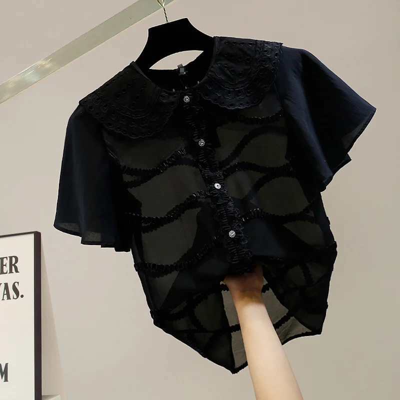 

Ele Embroidered Doll Collar Ruffle Patchwork Single Button ort Sve Chiffon irt Summer New Sle Versatile Trendy B...