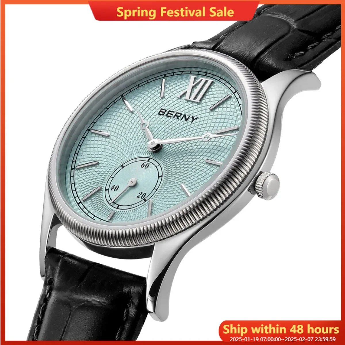 

BERNY Watches for Men Luxury Classic Stylish Dress Quartz Watch Ultra-Thin Stainless Steel Case Elegance Leather Band Wristwatch