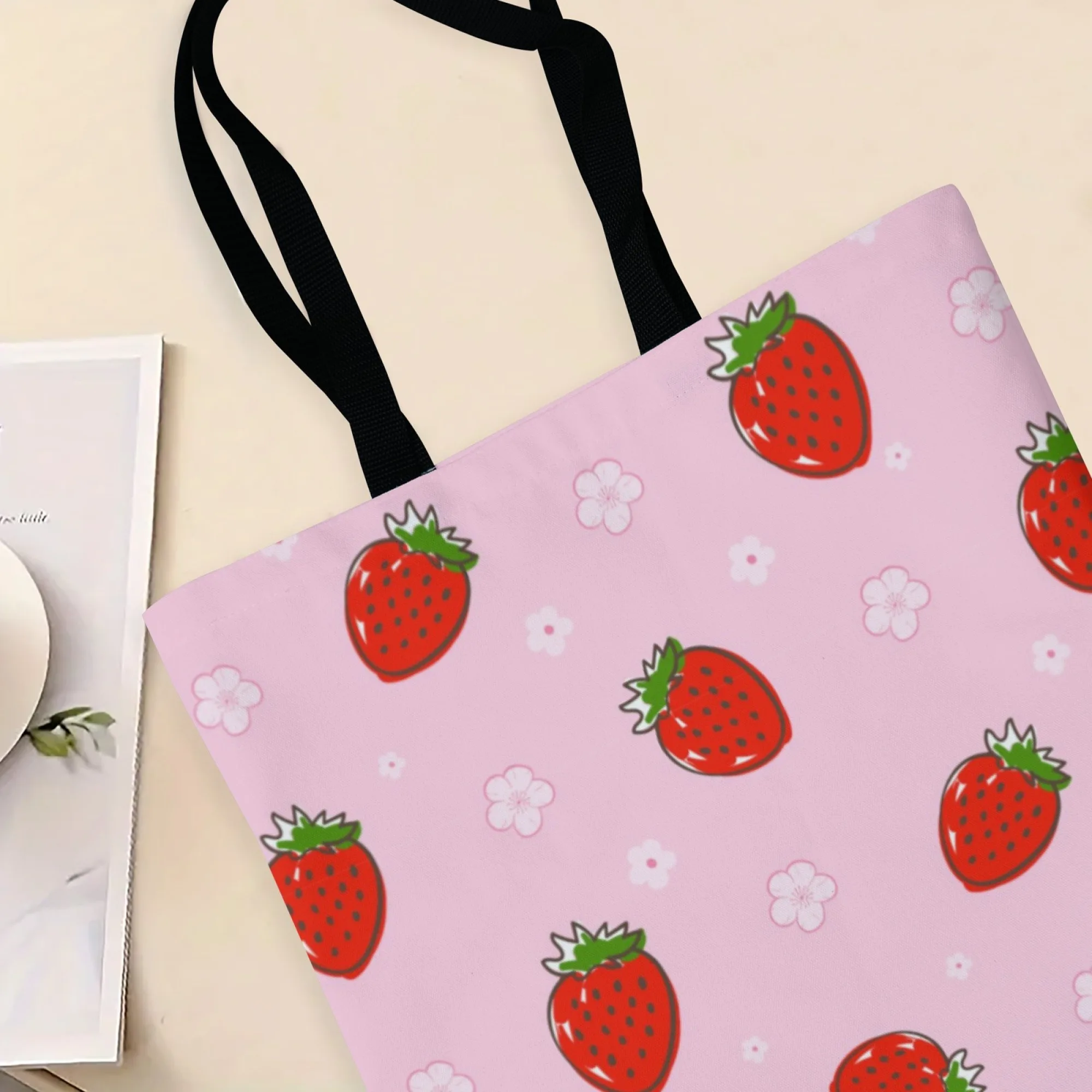 Women's Minimalist Sweet Strawberry-Floral Canvas Tote Bag Pink Fruit-Flower Reusable Shopping for Daily Use Work & Street