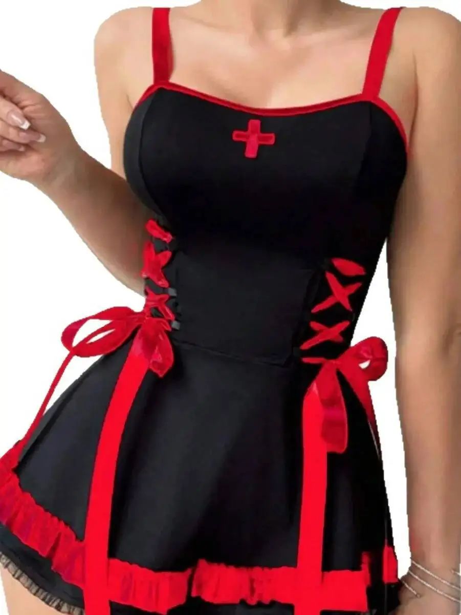 جديد مثير الإناث لعب الأدوار ممرضة الأحمر والأسود عبر حزام الدانتيل يصل فستان قصير مع الكشكشة Bowknot فستان بلا أكمام الحلو XC2C