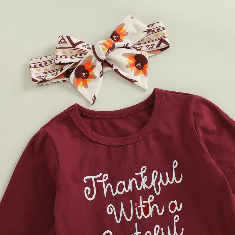 2022-08-09 Lioraitiin Infant Girls Thanksgiving Day Layette Turkey and Letters Printing Pullover, Bell Bottom Trousers Headdress