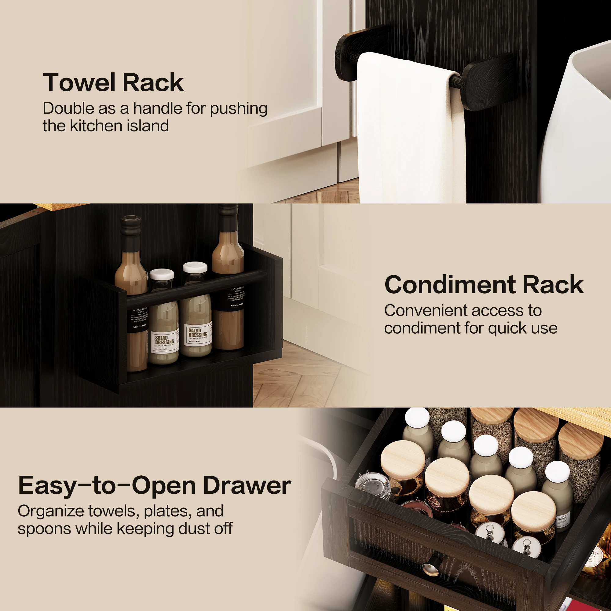 جزيرة المطبخ الدوارة من ديلي مع مساحة تخزين سلة المهملات، عربة جزيرة المطبخ مع سطح طاولة من أوراق الشجر، جزيرة مطبخ مقاس 47.2 بوصة على عجلات