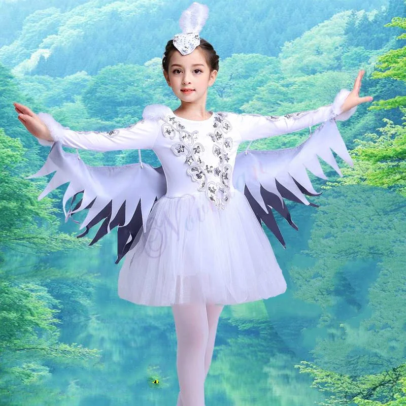 Kinder Vogel Kostüm Mädchen Weiß Ballett Tanz Kleid Tier Cosplay Halloween Vögel Fee Flügel Bühnenkleidung