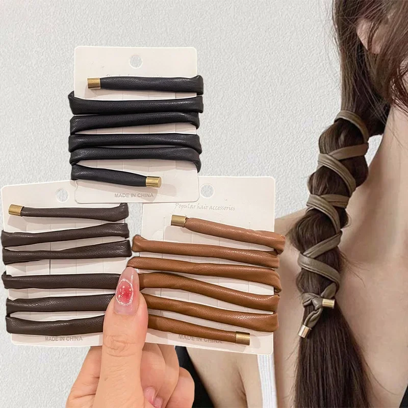 2pcs Designer PU Leather Hair Rope Scrunchies Simple Long Wire Hair Ties Braided Headband Ponytail Holder for Women Accessories