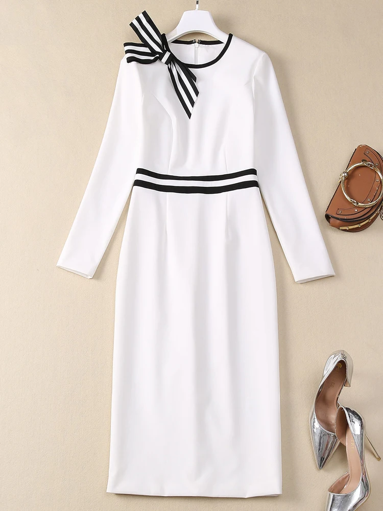 Kate Middleton Ladies Catwalk Autumn High Quality Fashion Party Celebrity Slim Fit White Bow Vintage Pretty Sweet Midi Dress