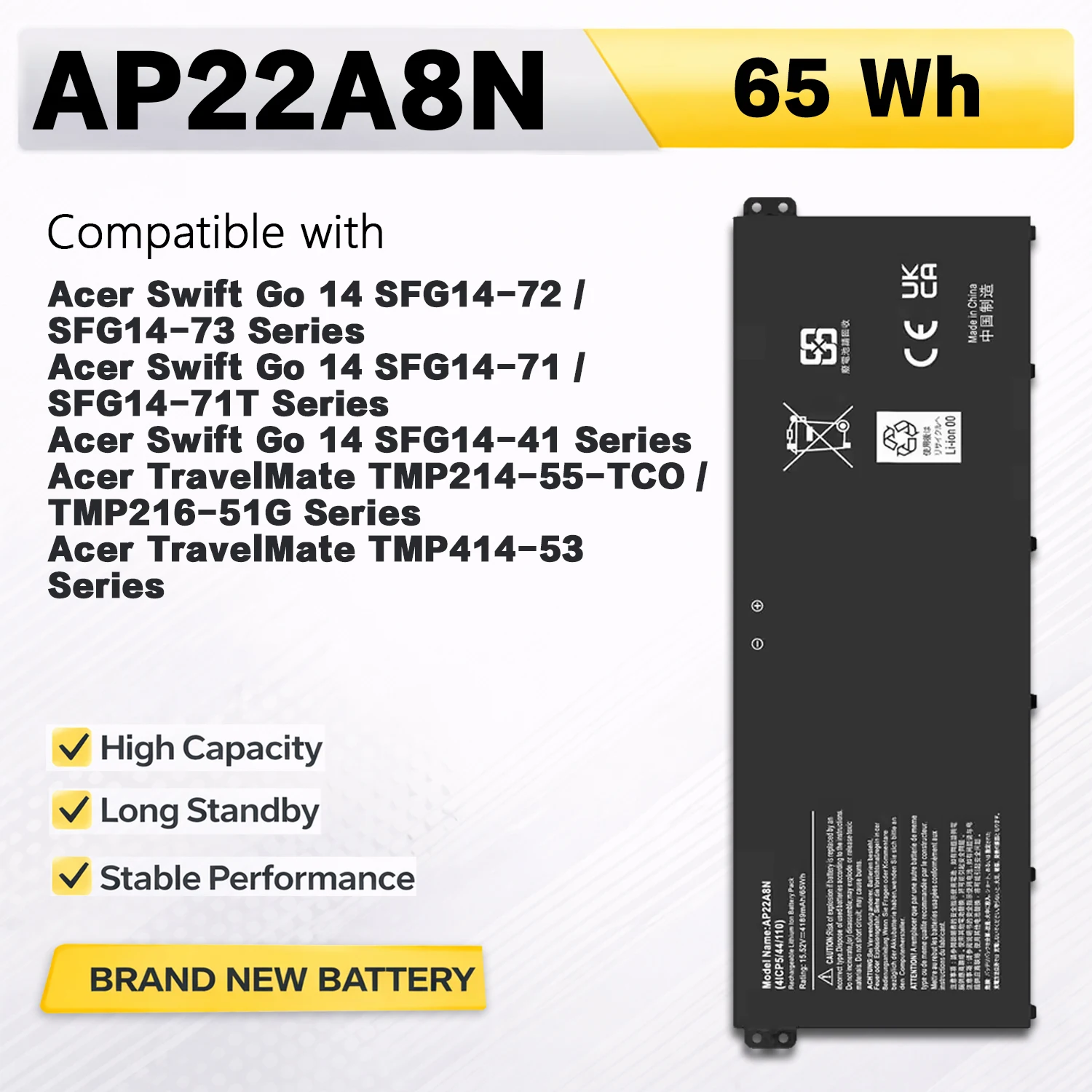 PowerHub AP22A8N 15.52V 65Wh 4189mAh Laptop Battery For Acer Swift Go SFG14-72 SFG14-73 SFG14-71 KT.0040G.016 TMP214-55 SFG14-41