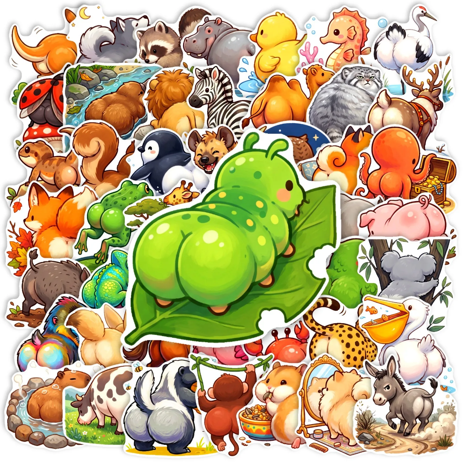 50 PCS Fun Cartoon Animal Creative Stickers Pack Decorate Luggage Helmet Scooter Laptop Phone Case Removable Decals