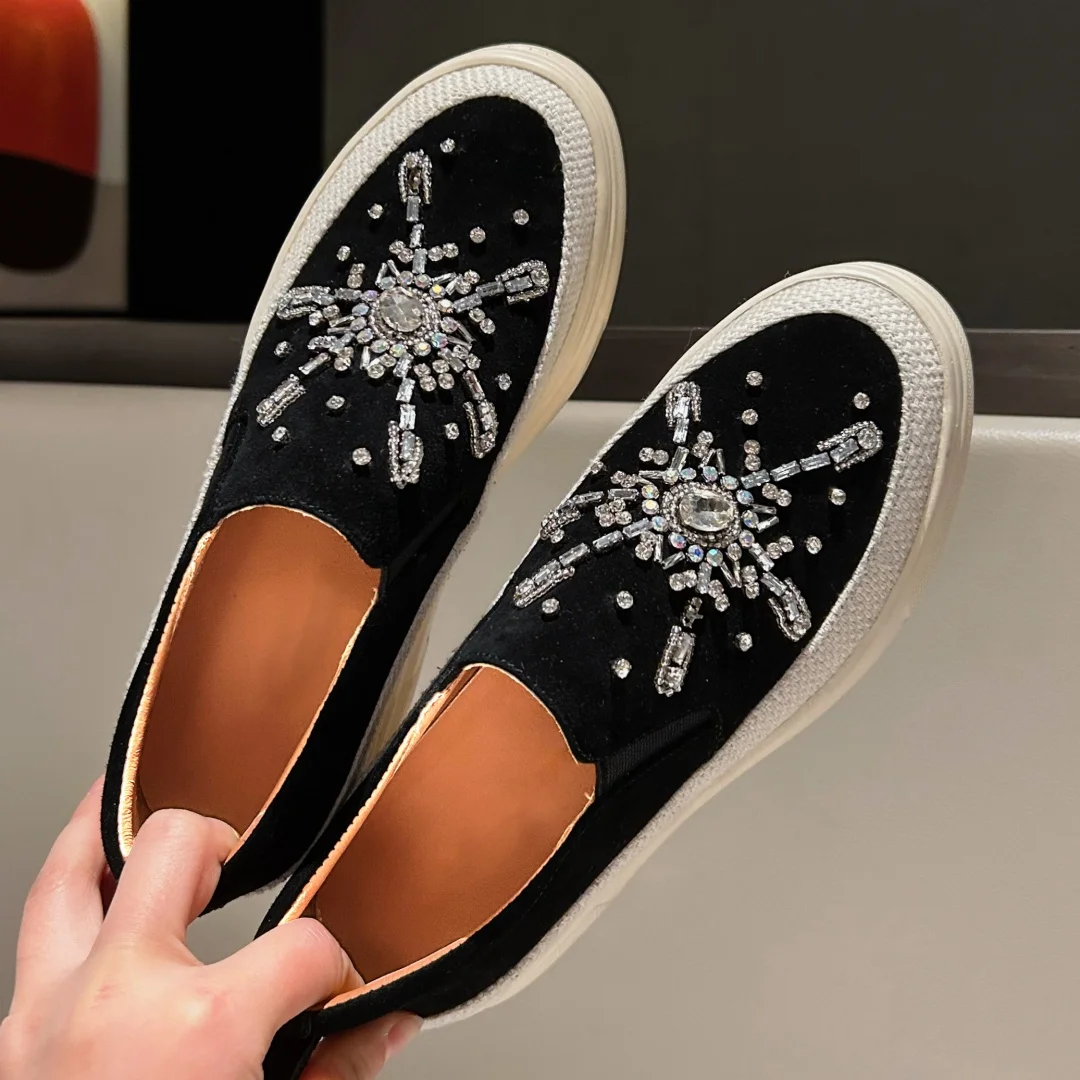 women's natural suede leather thick sole platform flats loafers high quality soft comfortable crystal fashion moccasins shoes