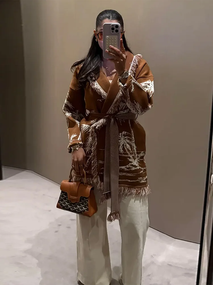 

Модный кардиган с бахромой и принтом, женский спортивный кардиган с v-образным вырезом и завязками на поясе, открытое переднее пальто, осень 2022, новая женская элегантная верхняя одежда