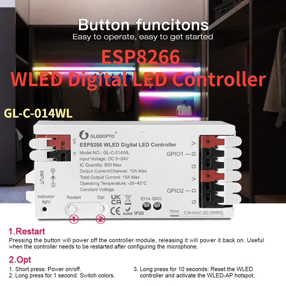 ESP8266 Gledopto 800 Dynamic WLED Digital LED Controller DIY App Control for WS2811/2812 SK6812 WS2815 Pixel Strip Module Light