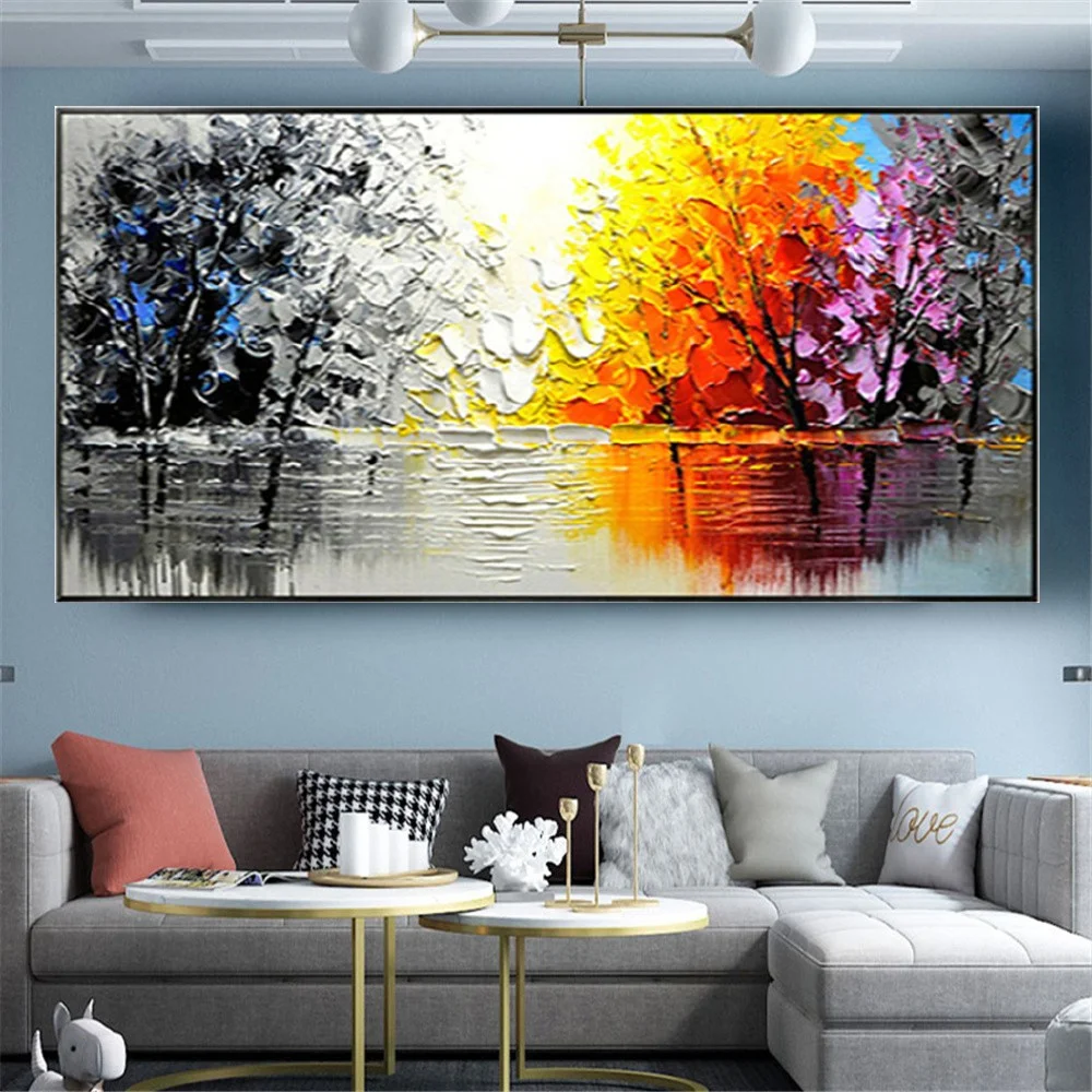 

Large Knife Poster Forest Sunrise Handmade Abstract Oil Painting On Canvas Winter Tree Wall Art Picture Decor Living Room Home