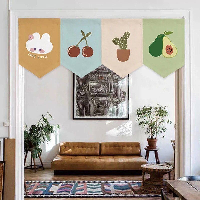 Simple Bohemian Cactus Flower Fruit Triangle Flag Door Curtain Hanging Flag Partition Curtain Kitchen Cafe Home Decor