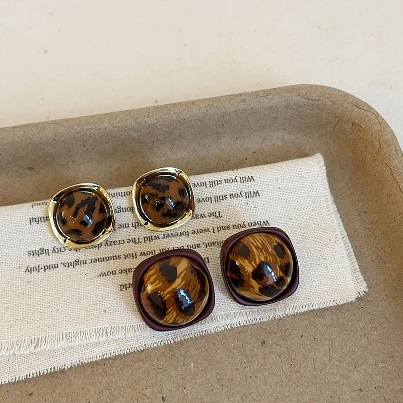 Stud Earrings Square Leopard Print Retro Brown Maillard Style Lightweight Alloy Premium Versatile Daily Commute Jewelry Her